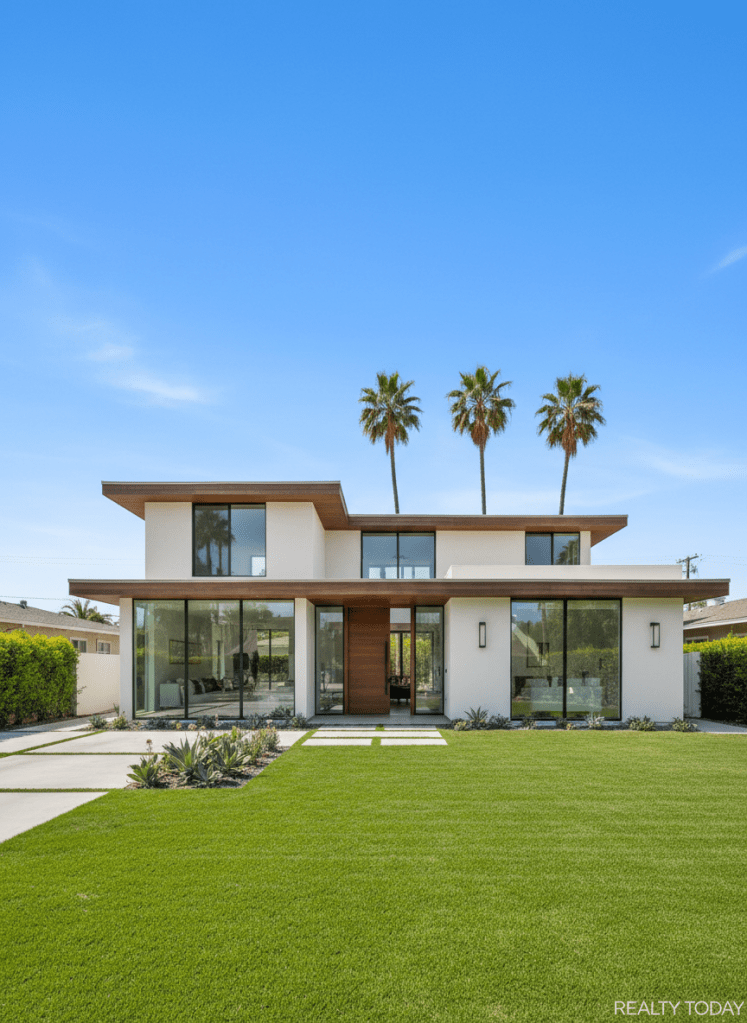 A bright, modern California home exterior with a manicured lawn, blue sky, and palm trees in the background — welcoming and aspirational, suitable for a real estate news website