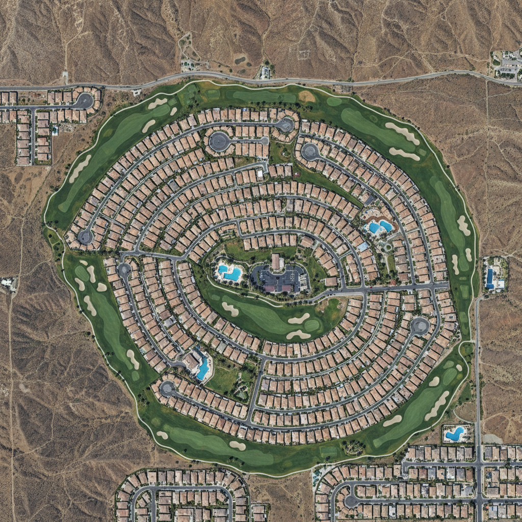 An aerial photographic view of a Coachella Valley master-planned community, showing a mosaic of tan-roofed homes, curved cul-de-sacs, and meandering green fairways of a golf course set against the surrounding arid landscape. Blue community pools, tidy walking paths, and pockets of palm-lined parks add color and structure. The image is captured in bright midday sunlight, rendering clear details and minimal shadows for a factual, map-like clarity. Shot from directly overhead with a wide frame, the composition emphasizes patterns and density, creating a professional, data-driven visual suited to articles about development trends and community growth.