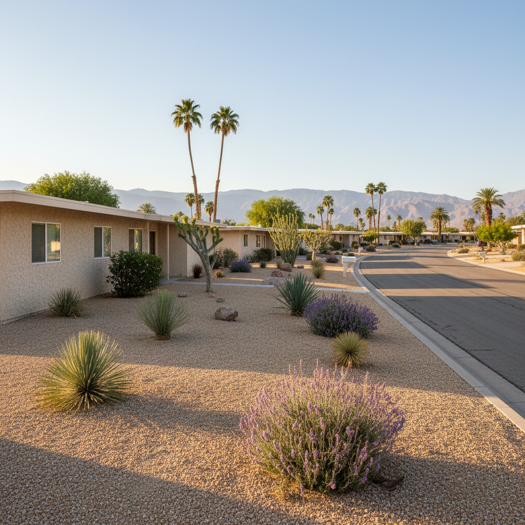 A neat row of single-story mid-century ranch homes in a Coachella Valley neighborhood, each with beige stucco exteriors, low-pitch roofs, and well-maintained xeriscaped front yards featuring gravel, drought-tolerant shrubs, and tall palm trees. The quiet residential street curves gently into the distance, with mountains faintly visible beyond the rooftops. Late afternoon desert sunlight creates clear, sharp shadows and highlights the textures of stucco and stone. Photographed at eye level with a balanced, documentary-style composition and sharp focus throughout, the mood is calm, stable, and trustworthy—ideal for illustrating local housing market coverage on a professional real estate news site.