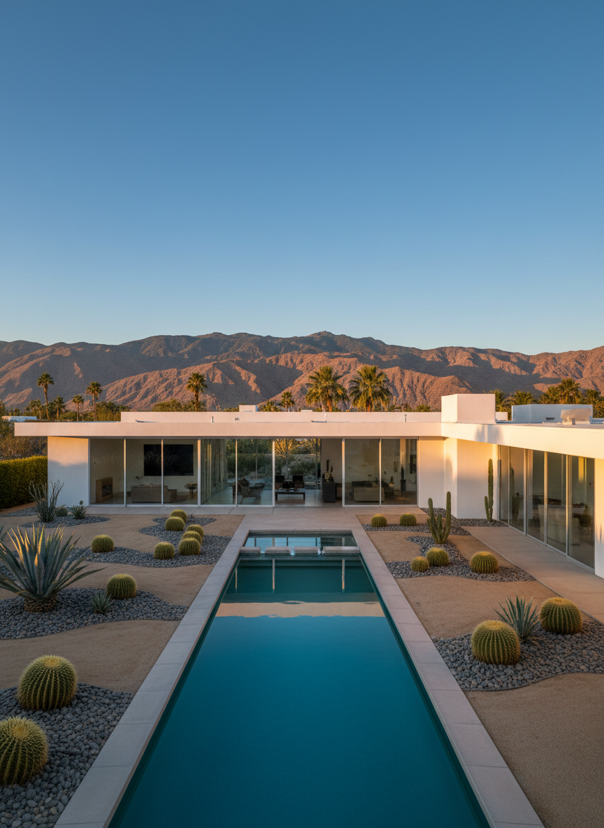 A modern desert home in the Coachella Valley, with clean white stucco walls, expansive floor-to-ceiling glass, and a flat roofline, anchored by a shimmering turquoise lap pool in the foreground. Sculpted native landscaping with agave, barrel cactus, and smooth river stones surrounds the structure, framed by distant San Jacinto Mountains under a clear blue sky. Captured in crisp photographic realism at golden hour, warm sunlight grazes the façade and casts long, defined shadows. Shot from a slightly elevated, wide-angle perspective, the composition emphasizes the relationship between architecture and landscape, conveying a professional, credible, and aspirational real estate news aesthetic suitable for a homepage hero image.