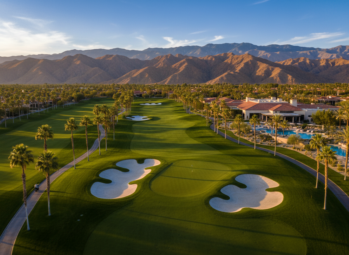 Aerial view of a lush golf course in Indian Wells, California, with manicured fairways, palm trees, and the Santa Rosa mountains in the background