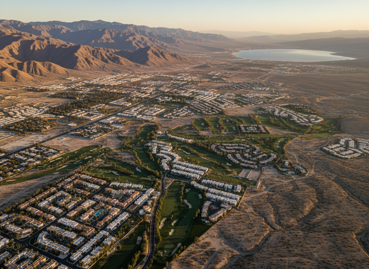 A stunning aerial photograph of the Coachella Valley in Southern California, showcasing the dramatic desert landscape with the Santa Rosa and San Jacinto Mountains in the background, the Salton Sea visible in the distance, palm tree-lined streets, resort communities, golf courses with lush green fairways contrasting against the arid desert floor, and the iconic wide open valley bathed in warm golden sunlight. Wide, expansive composition with rich colors and clear detail.