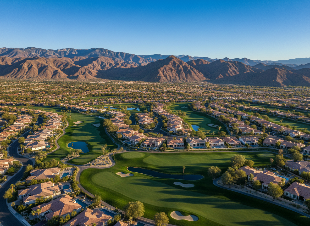 Aerial drone photograph of La Quinta, California golf course communities at golden hour with clear blue sky, lush green fairways, desert mountain backdrop, luxury homes, vibrant natural colors, no yellow cast, sharp and vivid