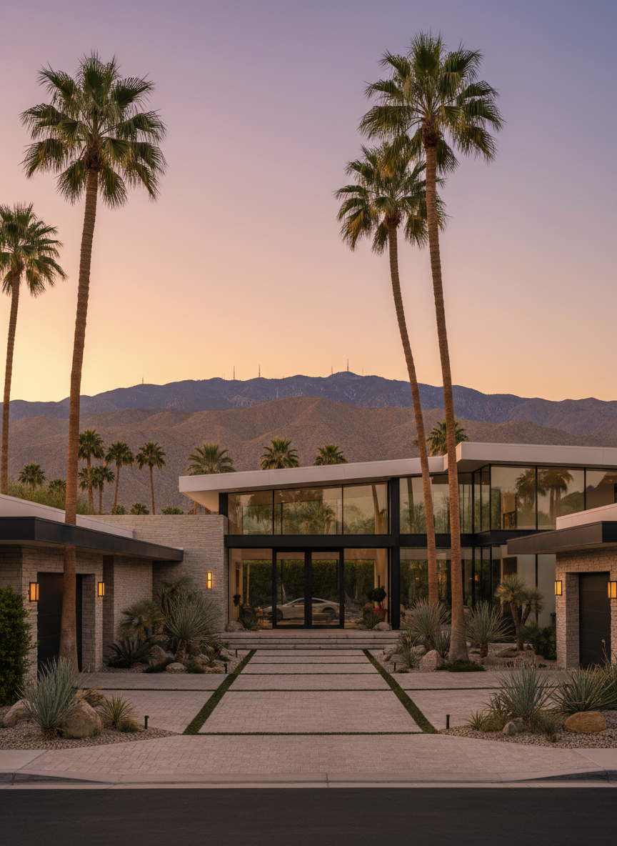 A luxury modern desert home in Palm Desert with glass walls, palm trees, and mountains at golden hour