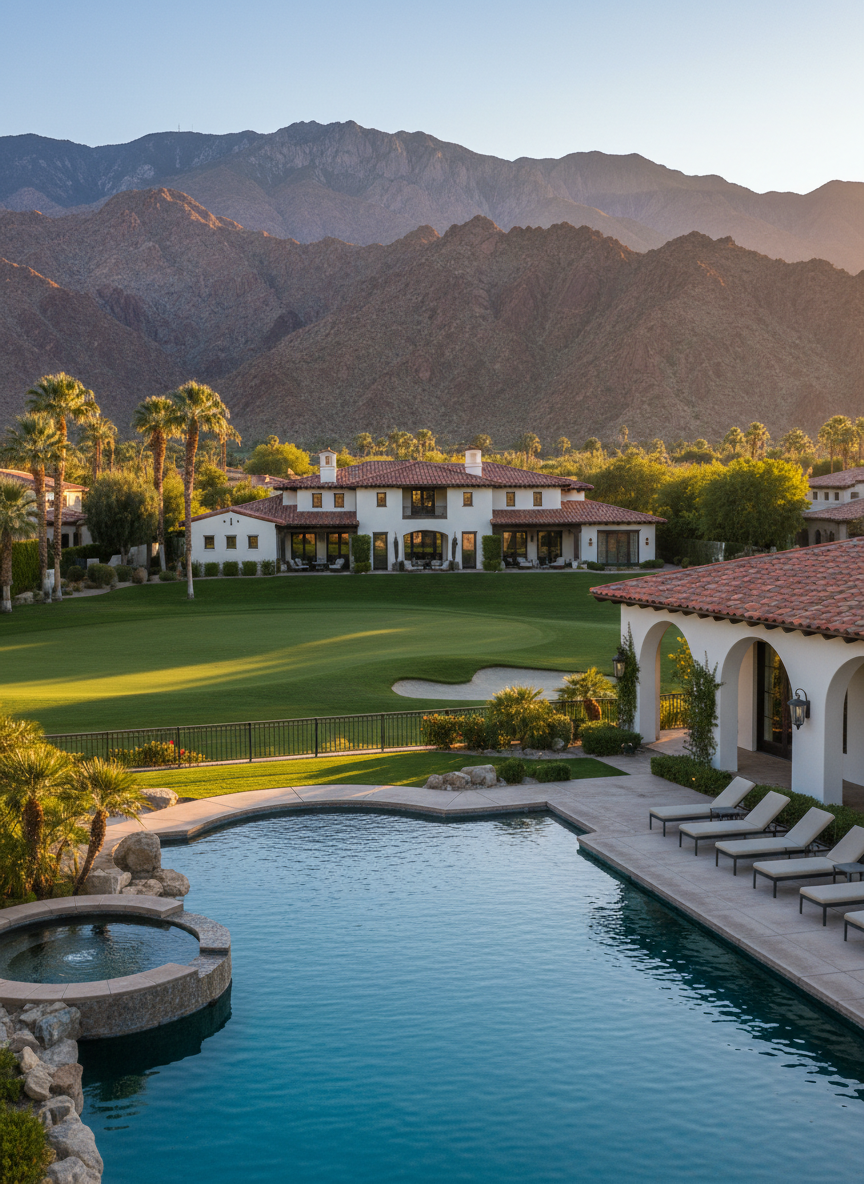 A luxury Spanish-Mediterranean estate in La Quinta with a resort pool and mountain views