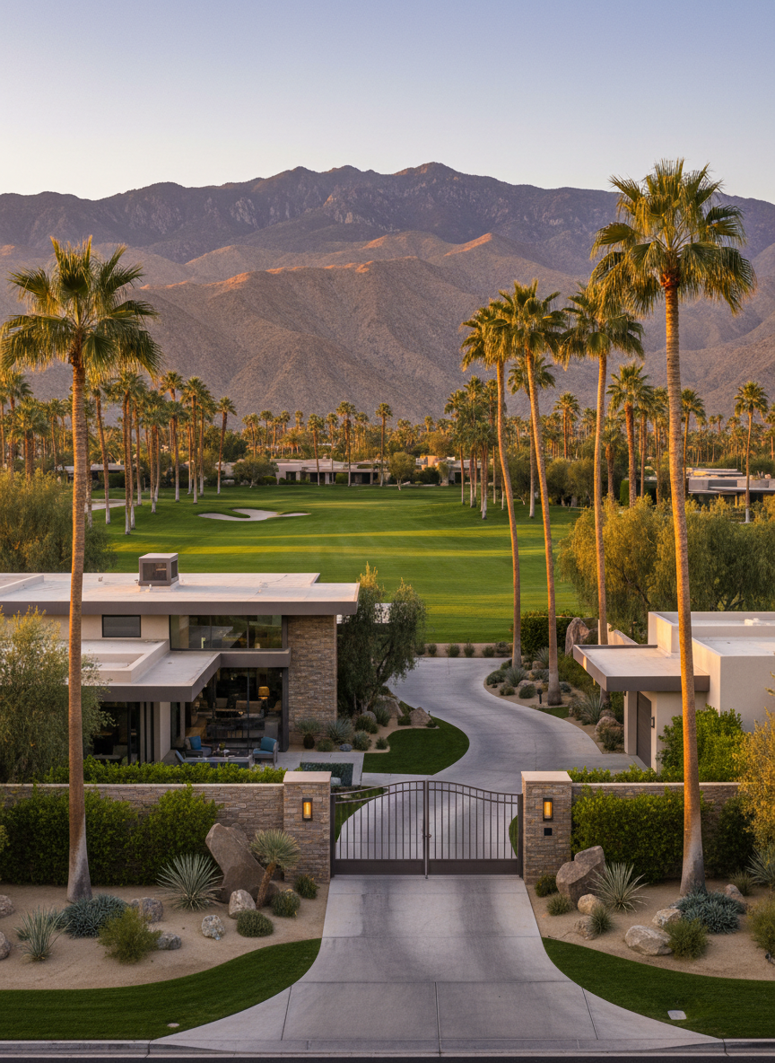 A prestigious contemporary luxury villa in Indian Wells surrounded by palms and golf course greens